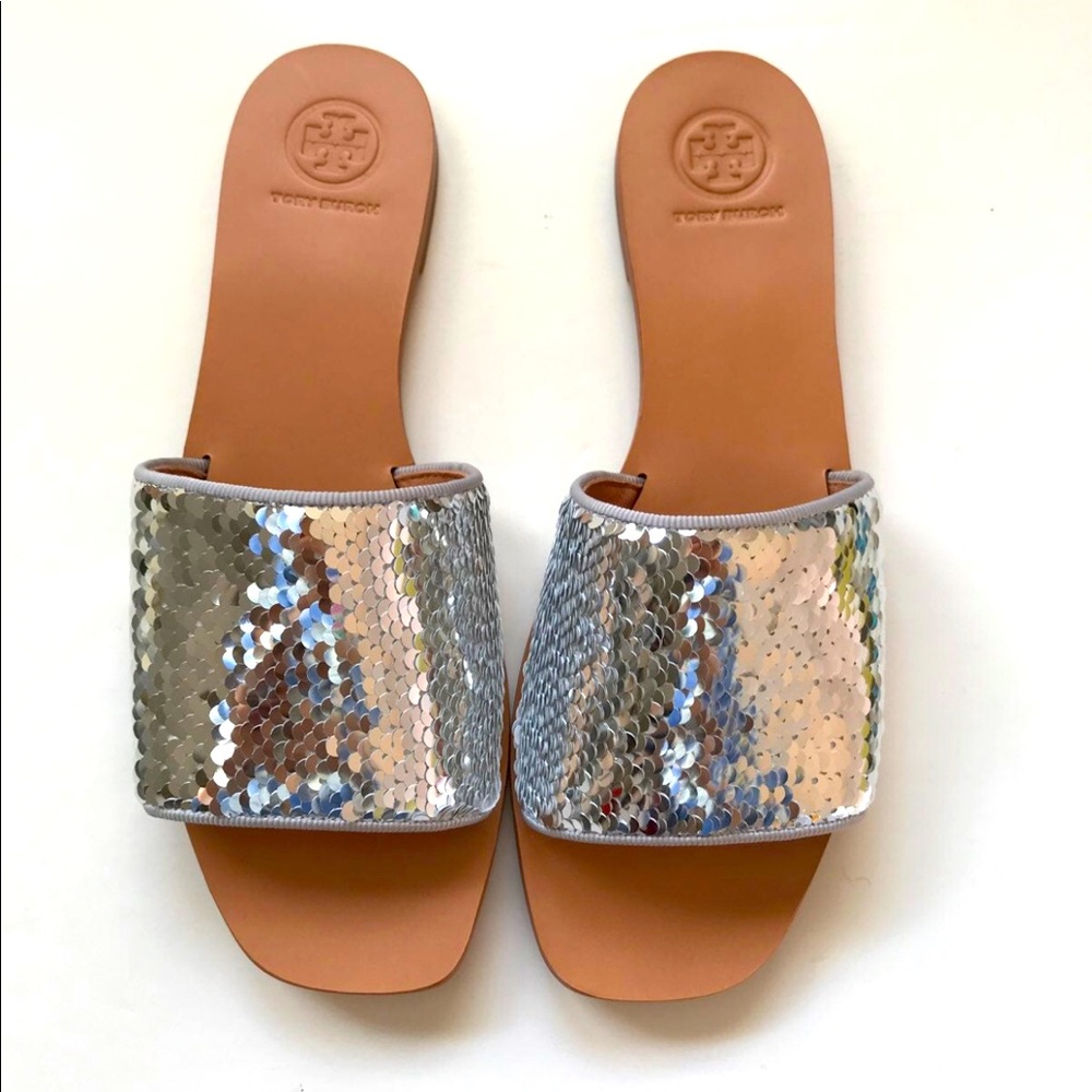 Tory Burch Carter Silver/White Sequin Slide, Size 7.5, Brand New
